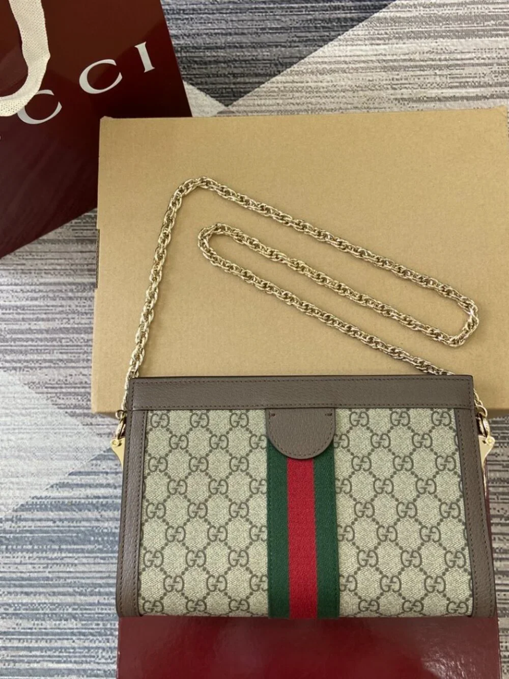 Gucci Beige/Brown GG Canvas Shoulder Bag with Green & Red Web Stripe